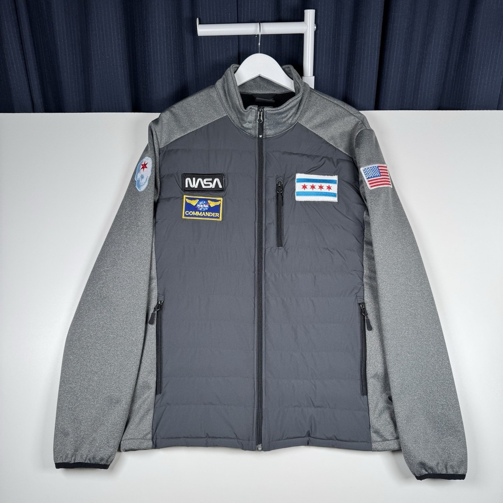 32 DEGREES HEAT Full Zip Puffer Jacket Men's Large NASA , CHICAGO ,SKULL Patches